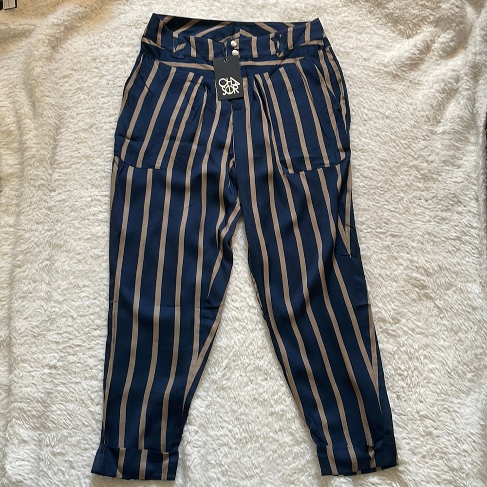Chaser silky basics satin striped pants navy tan